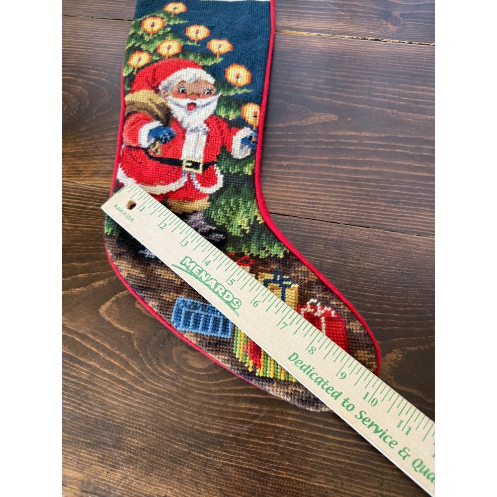 Vintage Santa Claus Needlepoint Christmas Stocking Red Velvet Backing 17 Inch - Picture 5 of 8